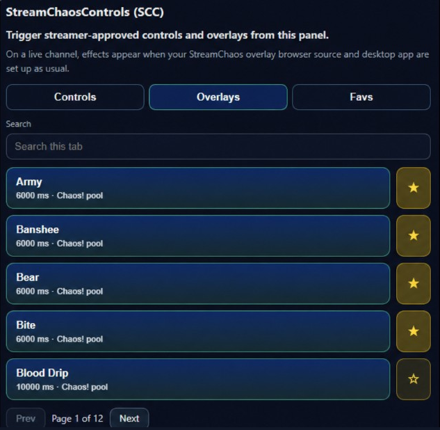 Stream Chaos Controls Twitch Extension showing searchable overlays and favorite controls